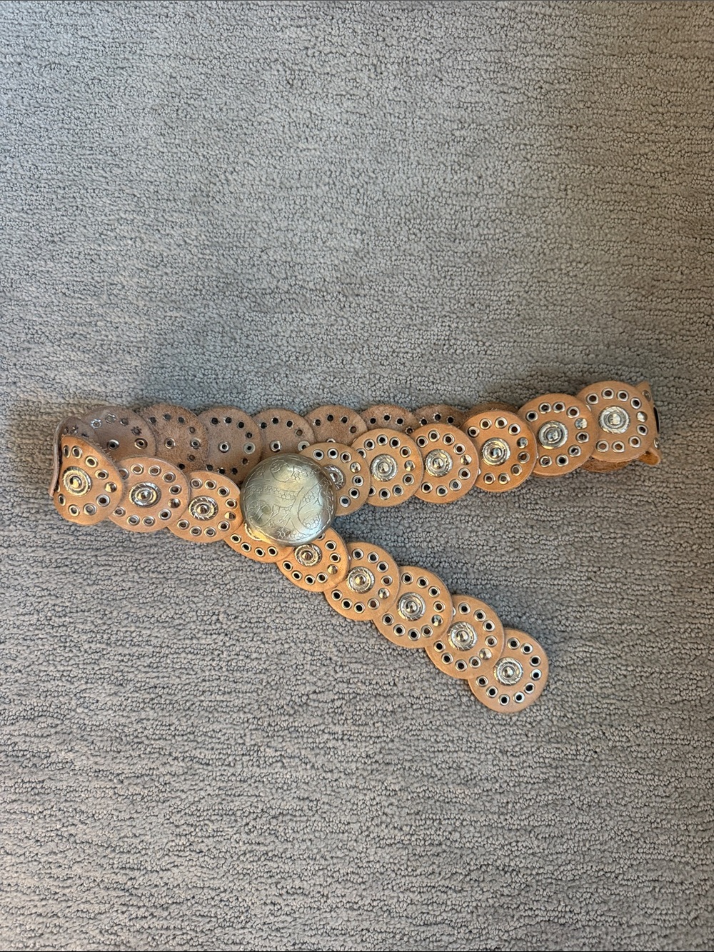 Free People Tan Leather Concho Belt with Decorative Silver-Tone Buckle